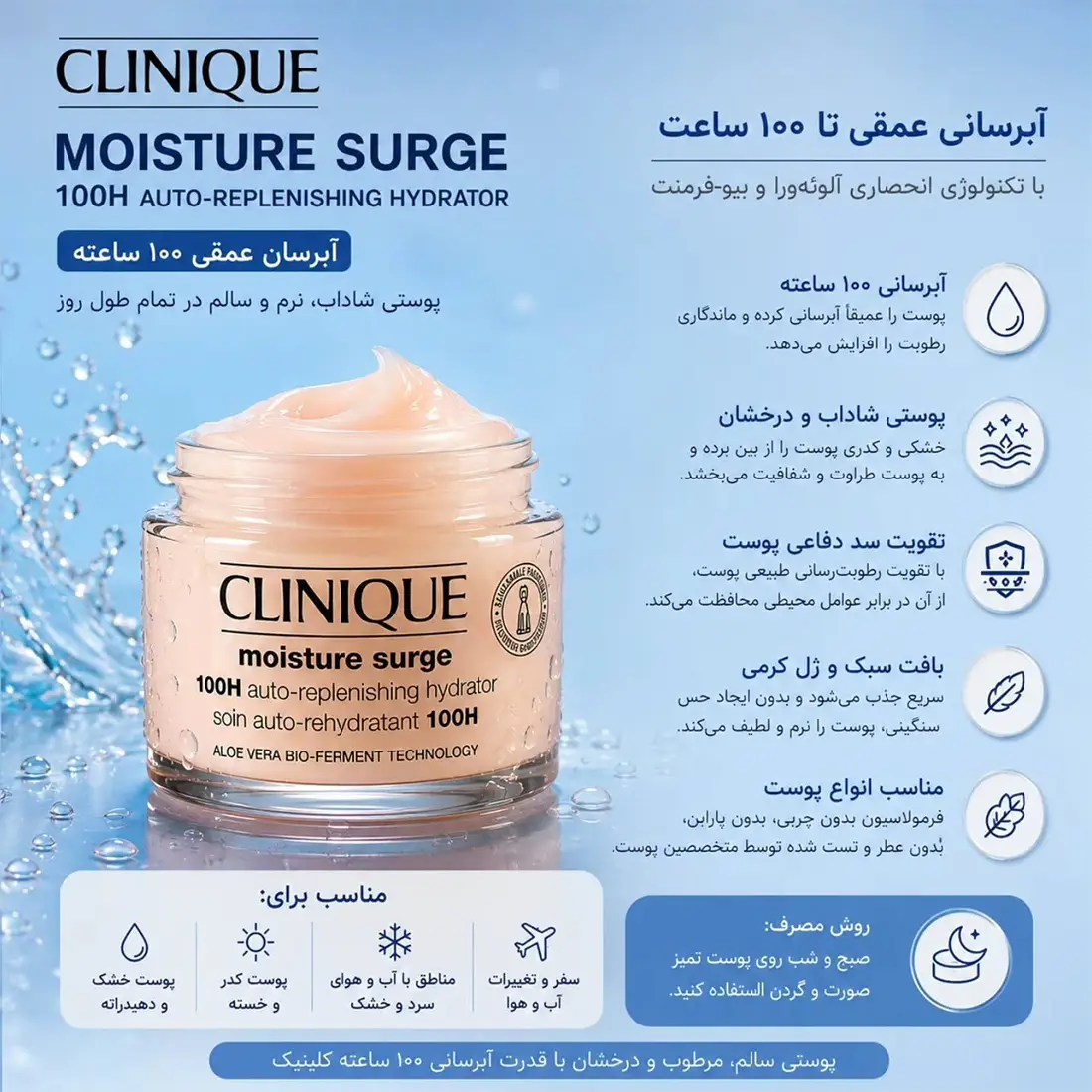 ویژگی های کرم آبرسان مویسچر کلینیک 100 ساعته